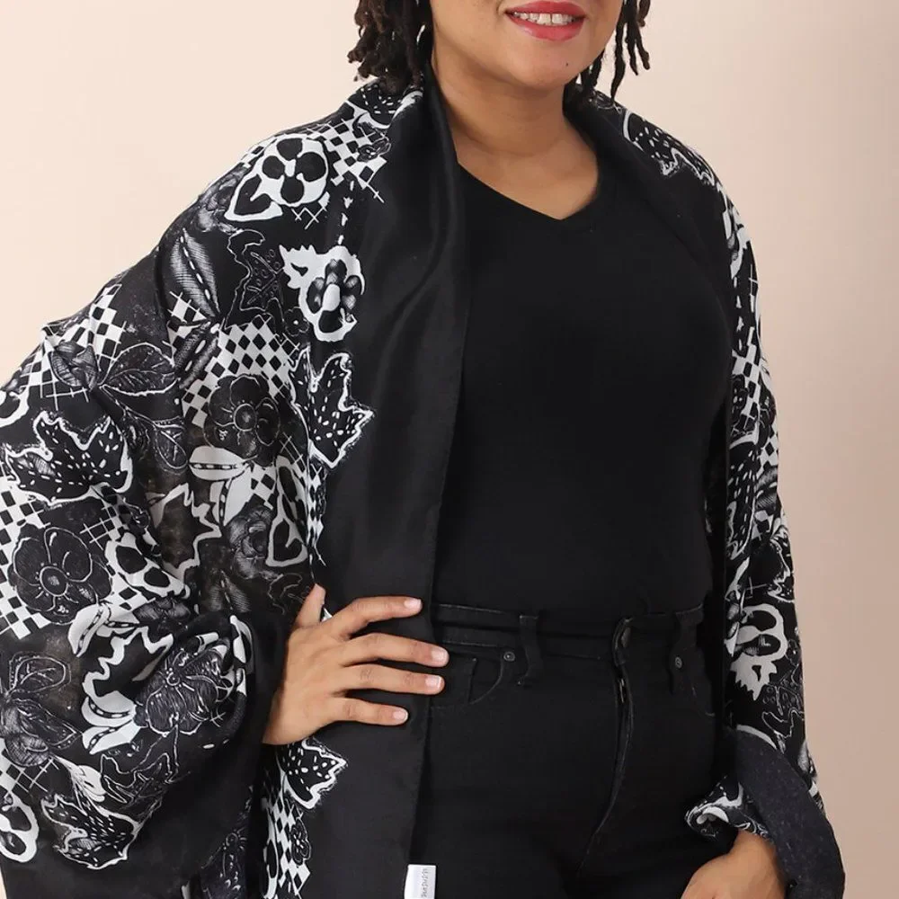 Designer Inspired Floral Pattern Scarf Black - Picture 4 of 6